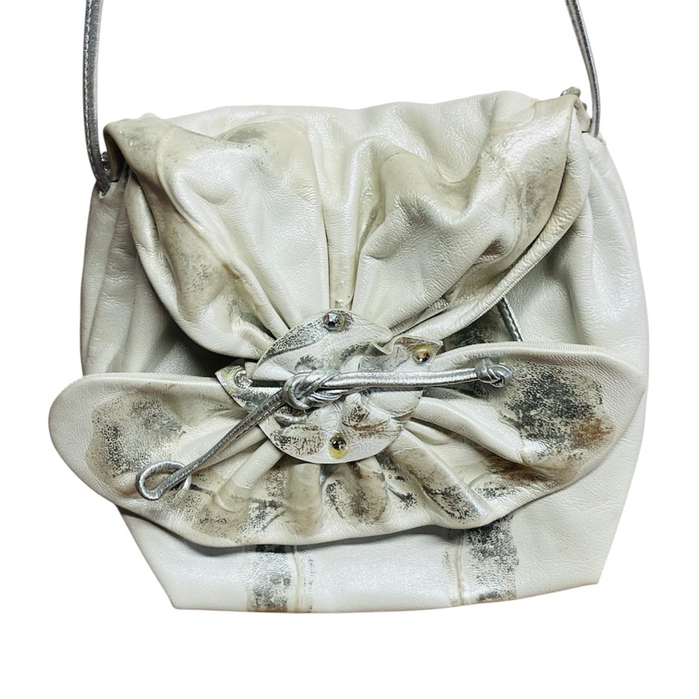 Retro Vintage Crossbody Leather Purse Cream and Gold Silver Tone  Accents